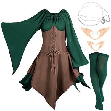 Imagem de Eurzom Conjunto de 5 peças de fantasia de fada medieval, vestido renascentista, meninas, elfo, cosplay, orelhas, acessórios, strass, enfeite de cabeça, Verde, café, P