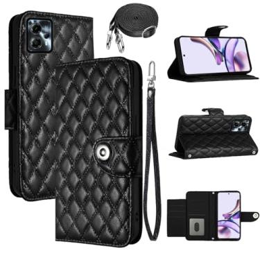 Imagem de Dswteny Capa carteira para Motorola Moto G53 5G/G13/G23 com alça de ombro transversal, padrão Argyle PU couro flip suporte de crédito capa para celular G 13 23 4G 53G 53 meninas mulheres preta