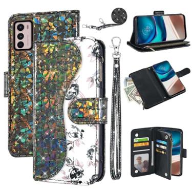 Imagem de Dibosom Capa carteira floral para Moto G42 com alça de pulso, alça de ombro flip com zíper, porta-cartão, suporte de couro PU de luxo com glitter brilhante para celular Moto G42 mulheres meninas preta