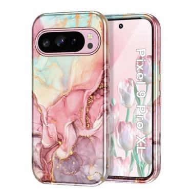 Imagem de Btscase Capa para Google Pixel 9 Pro XL 2024 [à prova de choque de grau militar] Elegante estampa de mármore fina protetora 3 camadas PC rígido + silicone macio resistente mulheres homens capa