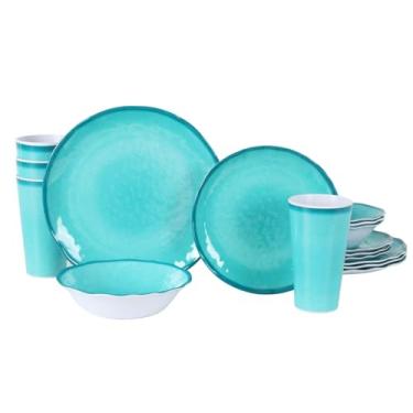 Imagem de DAPOTO Conjunto de louça de melamina para 4 a 12 peças: conjunto de pratos de acampamento com pratos de jantar, pratos de salada e tigelas. Leve e inquebrável. Uso interno e externo.