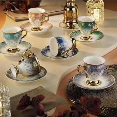 Imagem de derya home Conjunto de xícaras de café expresso de porcelana Gonca, conjunto de 6 xícaras de café turco, xícaras e pires (85 g) copos com padrão dourado
