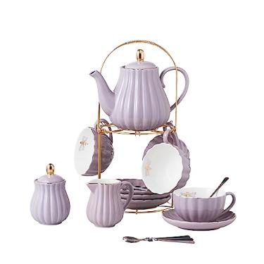 Imagem de CLAY TONIC-- 8 OZ Fine China Purple Coffee Cup/Teacup Set, Cups & Saucer, with Teapot-Sugar Bowl-Cream Pitcher Teaspoons and tea strainer for Tea/Coffee,17-Pieces- Service for 4 (Purple)