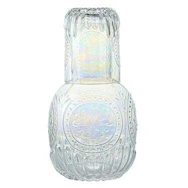 Imagem de RockTrend Garrafa de água noturna de cabeceira de vidro transparente retrô com copo de vidro, jarra de vidro em relevo e conjunto noturno de copo