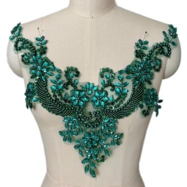 Imagem de Succi Shan Remendos de pérolas de contas de flores de renda, apliques de strass costurados para decote de roupas sociais (verde escuro)