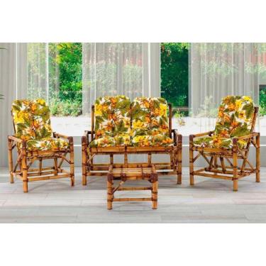 Imagem de Jogo Sofá Bambu 4 Lugares Com Almofadas Área Branca e Flor - Compree