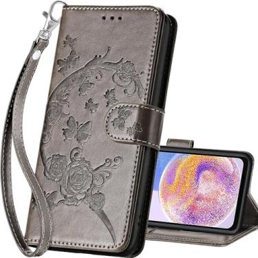 Imagem de SASYMALY Capa carteira para Samsung Galaxy A23 5G, capa flip com suporte ajustável, capa de telefone de couro PU cinza floral