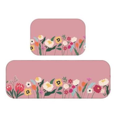 Imagem de Jogo Tapetes de Cozinha Floral Rosa Trilho e Tapete 2 Peças - JW SHOP