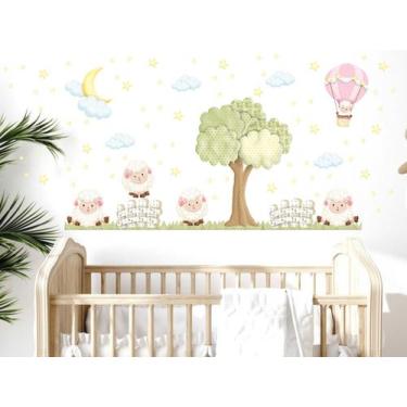 Imagem de adesivo de parede ovelhas balão fazendinha rosa bebê - Adesivos Kirgud