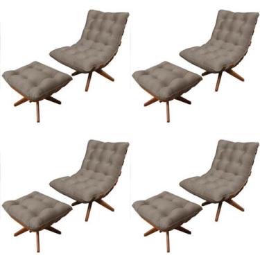 Imagem de Kit 04 Poltrona Costela Giratória Com 04 Puff Base Madeira Assento Vel