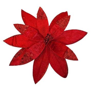 Imagem de 2 Flores natalinas em tecido poinsetia vermelha luxo 28cm - TOK