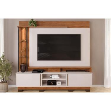 Imagem de Rack Bancada c/ Painel p/ TV até 70 Polegadas Martino Prateleira Nichos e Pés 200x190cm Freijó/Off White - DJ Móveis