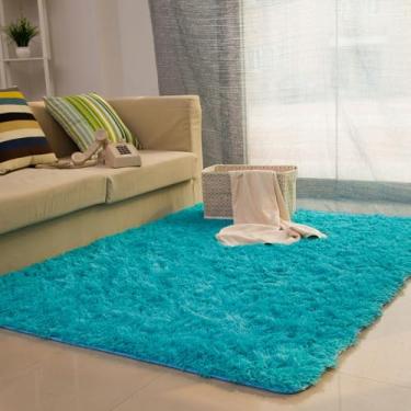 Imagem de Tapete sedoso e fofo, decoração moderna para casa, tapete longo de pelúcia felpudo, tapetes de brincar, sofá, sala de estar, quarto, cabeceira, tapetes de varanda, azul, 40 x 60 cm (15,7 x 23,6 p