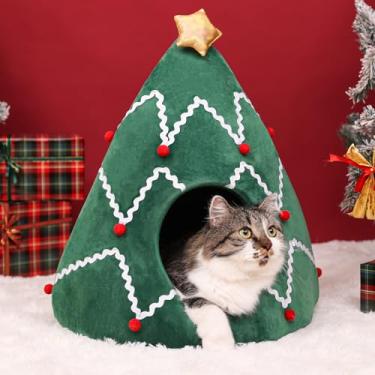 Imagem de NIBESSER cama de gato árvore de natal barraca de gato casa com aquecimento automático 2 em 1 triângulo removível e confortável tenda para animais de estimação caverna de cachorro de natal no