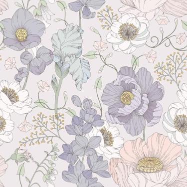 Imagem de VEELIKE Papel de parede floral roxo vintage, descasque e cole anêmona, papel de parede para quarto de meninas, berçário, banheiro, 48 x 900 cm, papel de contato com mural floral removível pré-colado