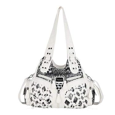 Imagem de Bolsa feminina Angel Barcelona espaçosa moda hobo bolsa de ombro sacola de couro lavada, White Leopard, One Size