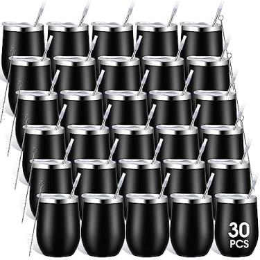 Imagem de Copo de vinho de aço inoxidável de 350 ml com isolamento a vácuo de parede dupla com tampas e canudos, canecas de viagem, copos de café para casamento, aniversário, lembrancinhas (preto)