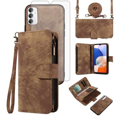 Imagem de Asuwish Capa de celular para Samsung Galaxy A14/M14 5G com zíper carteira magnética com protetor de tela de vidro temperado alça transversal flip porta-cartão de crédito A 14 4G 14A 14M G5 mulheres