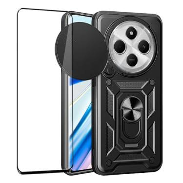 Imagem de CNPUTAO Capa para Redmi 14C 4G / Redmi A4 5G / Poco C75 com protetor de tela de vidro temperado, janela deslizante para câmera, suporte, capa de telefone de camada dupla antiarranhões à prova de