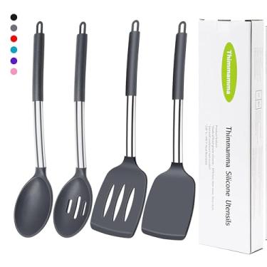 Imagem de Colher de espátula de silicone, pacote com 4 espátulas de silicone sólido com fenda, conjunto de colheres de silicone para cozinha, assar, resistente ao calor, sem BPA, utensílios de silicone preto para misturar panelas antiaderentes