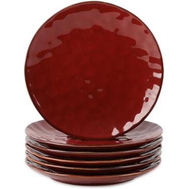 Imagem de vicrays Conjunto de pratos de jantar de cerâmica, 26 cm, redondo, micro-ondas, forno, lava-louças, canelado, de porcelana, adequado para bifes, massas, pizza, casa, festa, restaurante (vermelho