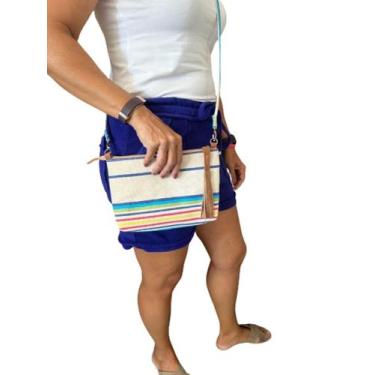 Imagem de Bolsa transversal lona listras alça removível com tecel em couro - Boa