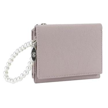 Imagem de AurexaFashion Carteira feminina de couro genuíno com três dobras, porta-moedas, porta-cartões de identificação com alça de mão, #08 Lilás, Short; 4.33" x 3.34" x 1.18", Carteira feminina de três