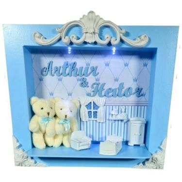 Imagem de Quadro Enfeite Porta Maternidade Cenário Led - Gemeos Azul bb e branco