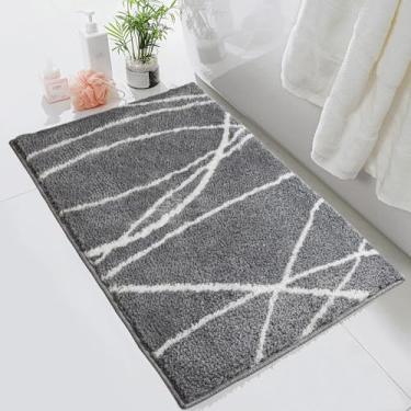 Imagem de Tititex Tapete de banheiro de luxo cinza com linha curva branca, 40,6 x 61 cm clássicos extra macios e absorventes de microfibra, tapete de banho felpudo antiderrapante, tapetes de banho para piso de banheiro, banheira e chuveiro