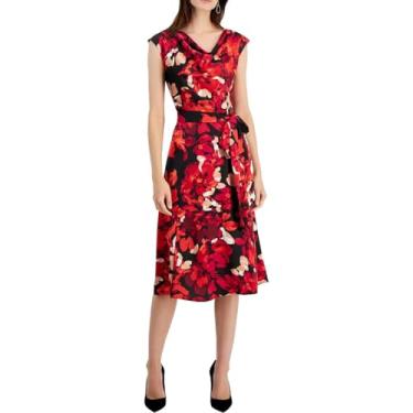 Imagem de Kasper Vestido feminino rodado com costura drapeada, Vermelho fogo multi, 46