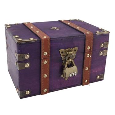 Imagem de Caixa de Armazenamento de Jóias de Madeira Antiga, Retângulo Elegante Artesanal Vintage Caixa de baú de Tesouro Com Trava para Ornamentos de Escritório (violeta)