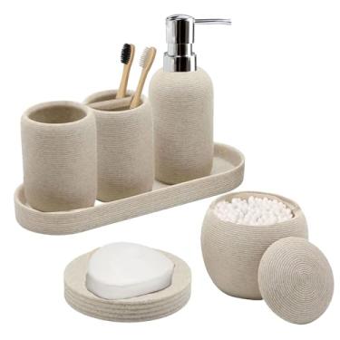 Imagem de Boershun Conjunto De Acessórios Para Banheiro - 6 Peças De Acessórios Para Banheiro De Resina: Saboneteira, Dispensador De Loção, Porta-Escova De Dentes E Copo Com Bandeja, Pote De Algodão, Bege