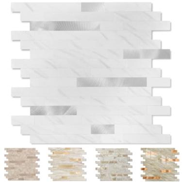 Imagem de Yipscazo 5 folhas de revestimento de azulejo de metal de pedra, cole em azulejos para cozinha, banheiro, lavanderia, acampamento, lareira (30 x 30 cm), branco jazz