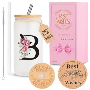 Imagem de Copo de vidro inicial personalizado para mulheres, copo de vidro HWJH de 473 ml com tampas e canudos, conjunto de presente monogramado, copo reutilizável fosco com caixa de presente e porta-copos de