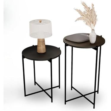 Imagem de Kit 2 Mesinha de Canto Redonda Articulada Pés Aço Dobrável Decoração Sala Mesa Apoio Lateral Centro(Preto)