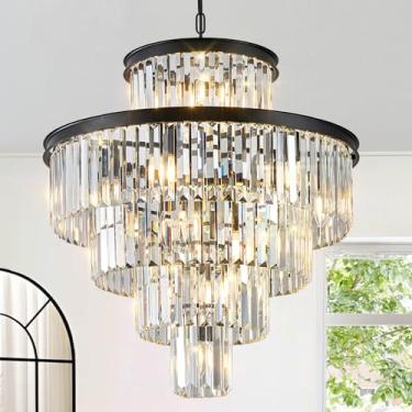 Imagem de CATINER Lustre De Cristal Moderno De 24" 15 Luzes Pretas Luminária Pendente De Luxo 5 Camadas K9 Cristais Lustre Contemporâneo Redondo Iluminação Pendente Para Sala De Jantar Sala De Estar Hall Cozi