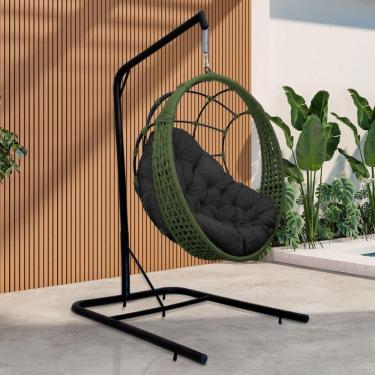Imagem de Cadeira Balanço Ninho Suspenso Em Corda Náutica Luxo Com Suporte Verde-preto