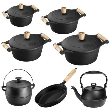Imagem de Jogo de Panelas 7 Peças em Ferro Fundido e Alça de Madeira Panela Mineira