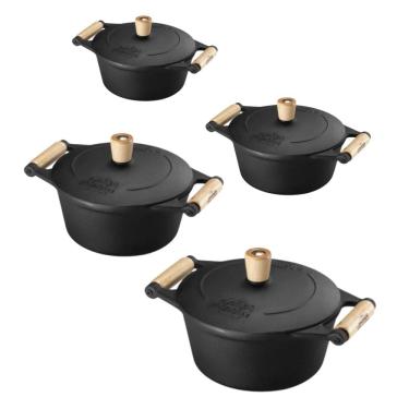 Imagem de Jogo de Panelas 4 Peças em Ferro Fundido e Alça de Madeira Panela Mineira