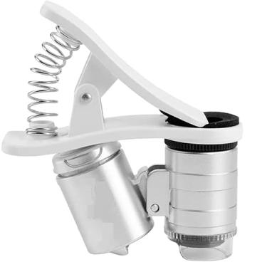 Imagem de Lupa de Bolso com Microscópio LED, 60x de Aumento, Portátil para Celular e Tablet, Branco e Prata