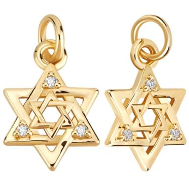 Imagem de Beebeecraft 1 caixa com 16 pingentes pequenos da estrela de Davi, banhado a ouro 18 quilates, pingentes de estrela judaica vazados de seis pontas com zircônia cúbica, anel lateral para fazer joias
