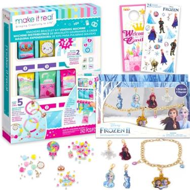 Imagem de Disney Conjunto de joias Snackers Vending Machine para crianças – Pacote com acessórios de máquina de venda automática, pulseira com berloques congelados, adesivos, mais | Snackers Jewelry Dress Up