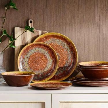 Imagem de Conjunto de louça de melamina, 12 peças, pratos e tigelas para 4, conjunto de pratos inquebráveis e leves para uso interno e externo, livre de BPA, lavável na lava-louças