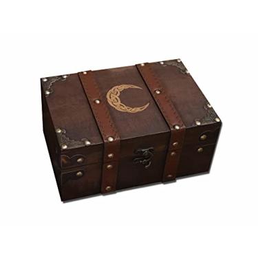 Imagem de Caixa de baú de madeira e couro com lua celta, caixa de madeira crescente com forro de veludo, caixa de tarô vintage e conjunto de cálice (apenas caixa)