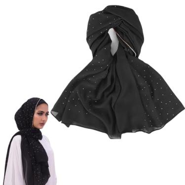 Imagem de Cachecol Hijab para mulheres, xale de chiffon 188 x 71 cm Hijab longo de chiffon macio com strass, lenço de chiffon moderno, hijab preto para presentes de lenços de cabeça muçulmanos, Preto, Black