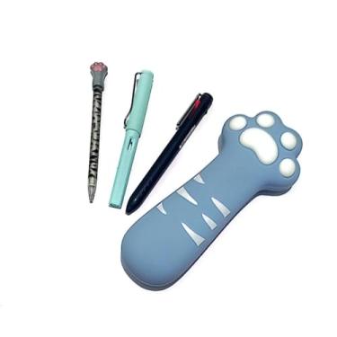 Imagem de Kit Escolar Kawaii, Estojo Patinha de Gato em Silicone Azul ou (rosa), Caneta 4 Cores, Lápis Infinito e Lapiseira 0.7mm