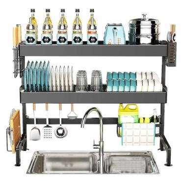Imagem de AKALNNB Escorredor de pratos de 3 camadas sobre a pia, escorredor de pratos preto, organizador de pratos de cozinha, organizador de espaço, prateleira de secagem sobre a pia com suporte para tábua de