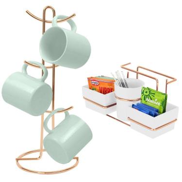Imagem de Kit Porta Sachê Suporte Organizador Porta Xícaras Café Bancada Cozinha Rose Gold - Future