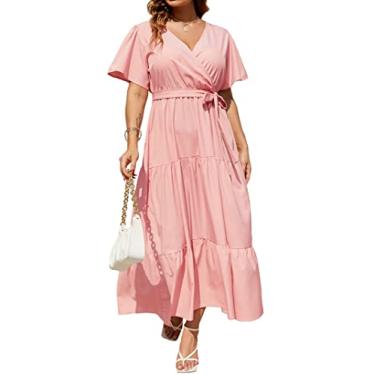 Imagem de KOJOOIN Vestido casual de verão maxi cintura alta com babados e cinto de manga curta, Rosa liso, 5G