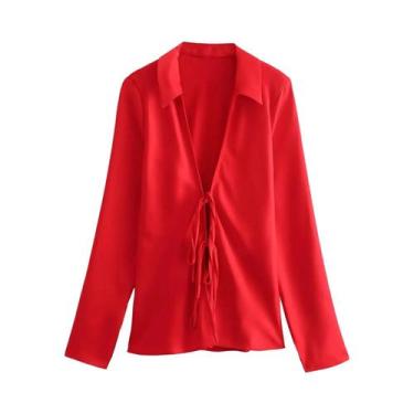 Imagem de Camisa Feminina Manga Longa com Decote V e Gravata Borboleta - Moda Es